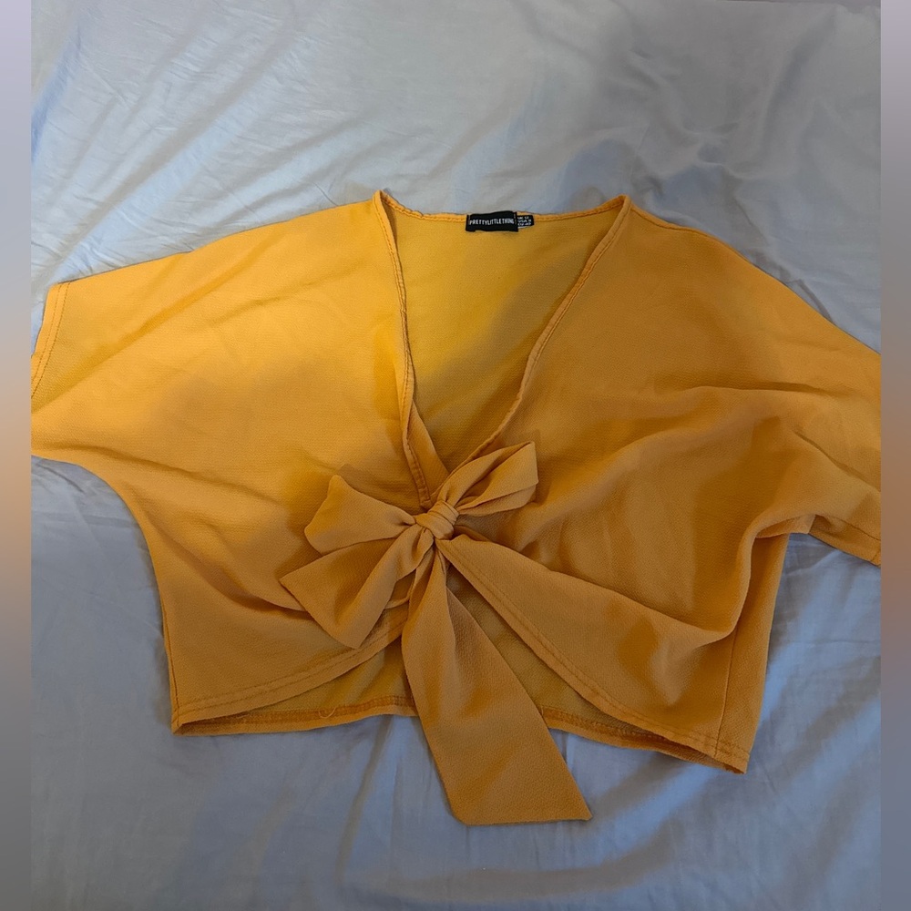 PrettyLittleThing Mustard Bow Front Blouse